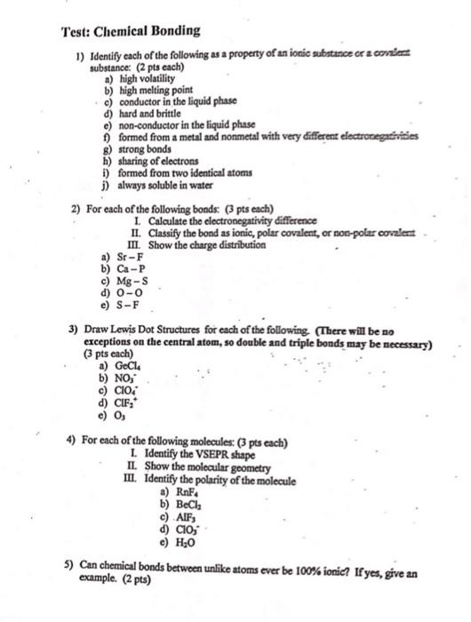 Solved Test: Chemical Bonding 1) Identify Cach Of The | Chegg.com