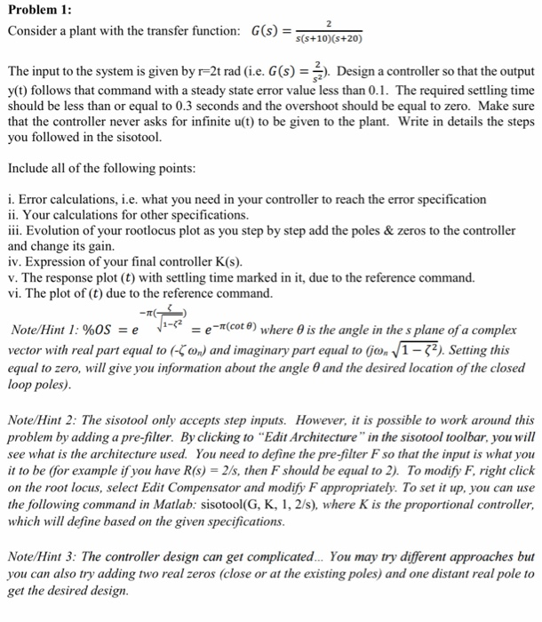 Problem 1: Consider a plant with the transfer | Chegg.com