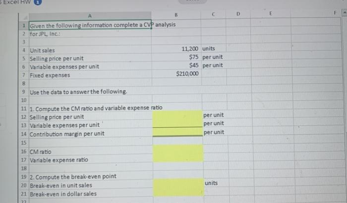 Solved CVP Analysis using Excel's Basic Math Functions 1 JPL | Chegg.com