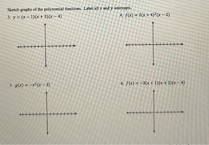 Sketch graphs of the polynomial functions. Label all \( x \) and \( y \) intercepts.
3. \( y=(x-1)(x+3)(x-4) \)
4. \( f(x)=2(
