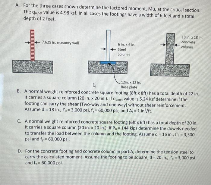 A. For the three cases shown determine the factored moment, Mu, at the critical section. The \( \mathrm{qu}_{u, n e t} \) val