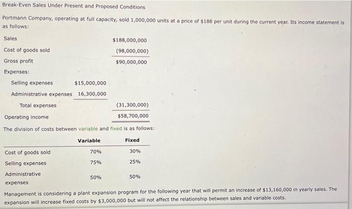 Solved Break Even Sales Under Present And Proposed Chegg