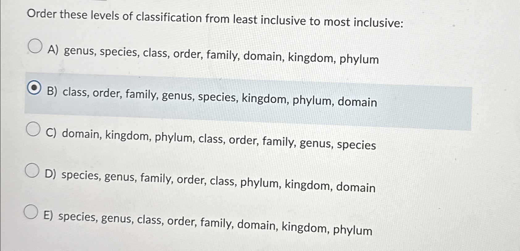 Solved Order these levels of classification from least