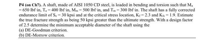 Solved P4 (on Ch7). A shaft, made of AISI 1050CD steel, is | Chegg.com