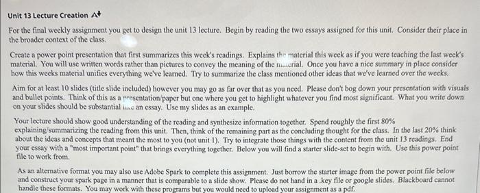 Unit 13 Lecture Creation At For the final weekly | Chegg.com