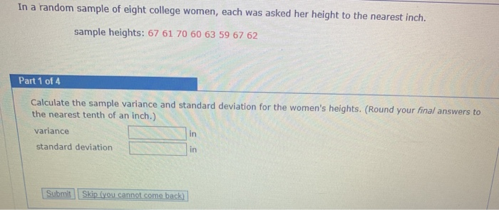 Solved In a random sample of eight college women, each was | Chegg.com