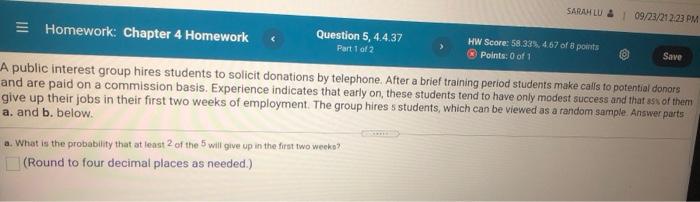 Solved SARAH LU & 09/23/212.23 PM Homework: Chapter 4 | Chegg.com