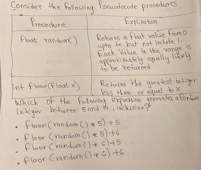 Solved Consider the following Procedure float random() | Chegg.com