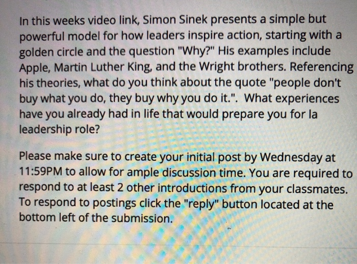 Solved In This Weeks Video Link Simon Sinek Presents A S Chegg Com