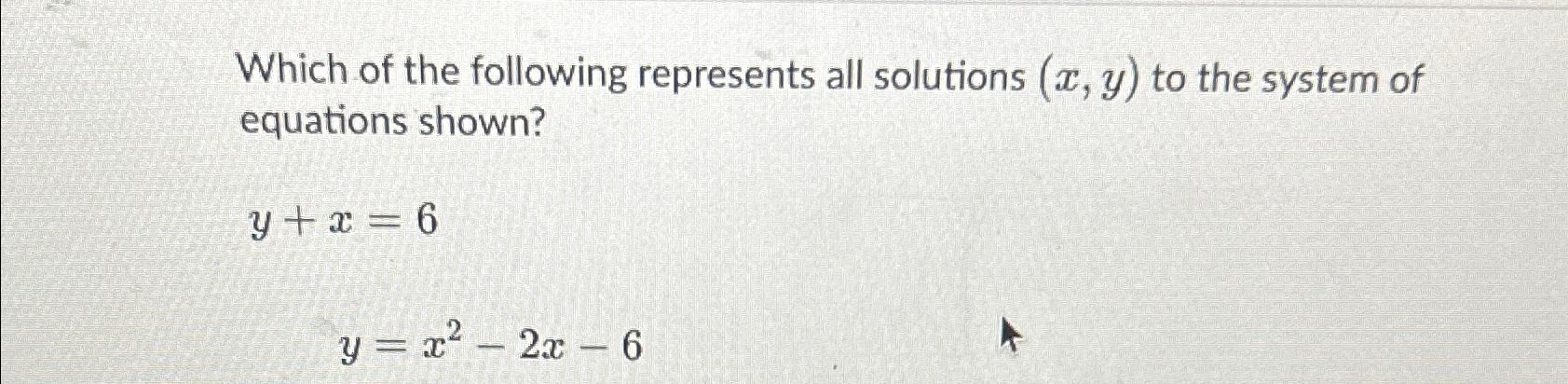 which represents the solutions of the system of equations y=x^2-6x 8 and y=-x 4