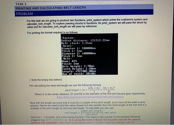 TASK 2. PRINTING AND CALCULATING BELT LENGTH PROBLEM