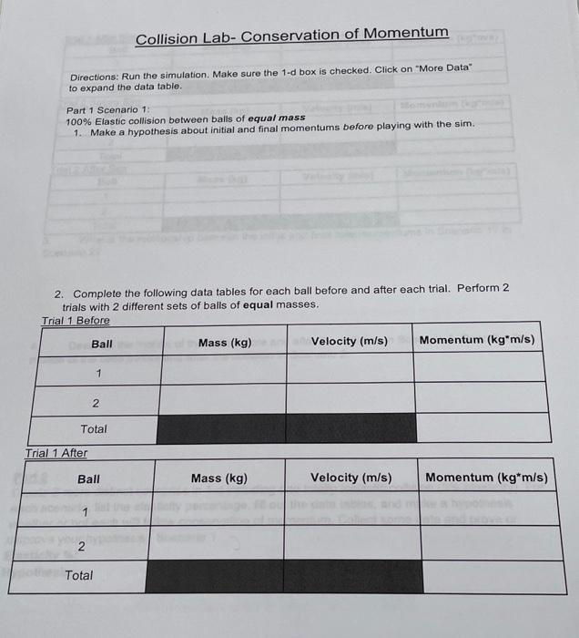 Solved Collision Lab- Conservation Of Momentum Directions: | Chegg.com