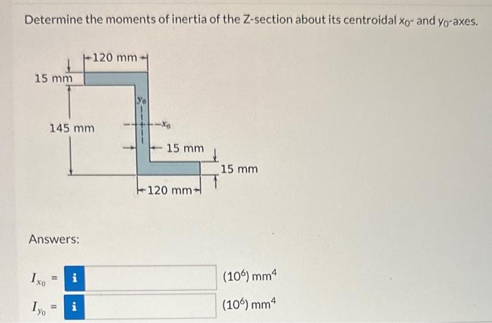 Determine the moments of inertia of the \( Z \)-section about its centroidal \( x_{0} \) - and \( y_{0} \)-axes.
Answers:
\[
