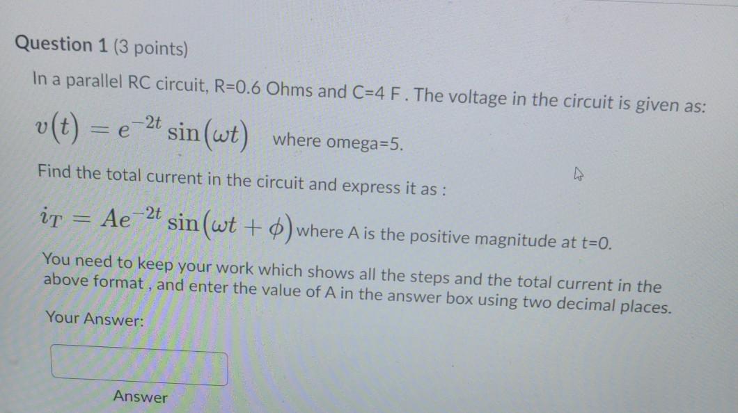 Solved Question 1 3 Points In A Parallel Rc Circuit R Chegg Com