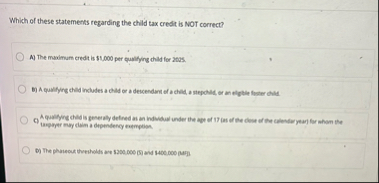 Solved Which of these statements regarding the child tax | Chegg.com