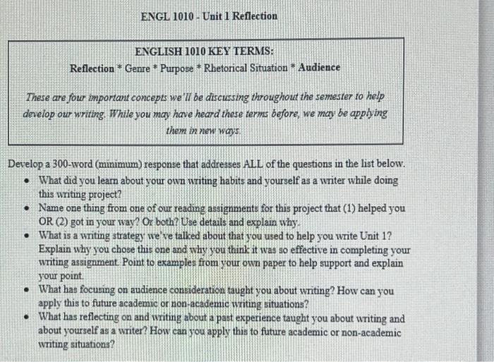 ENGL 1010-Unit 1 Reflection ENGLISH 1010 KEY TERMS: | Chegg.com