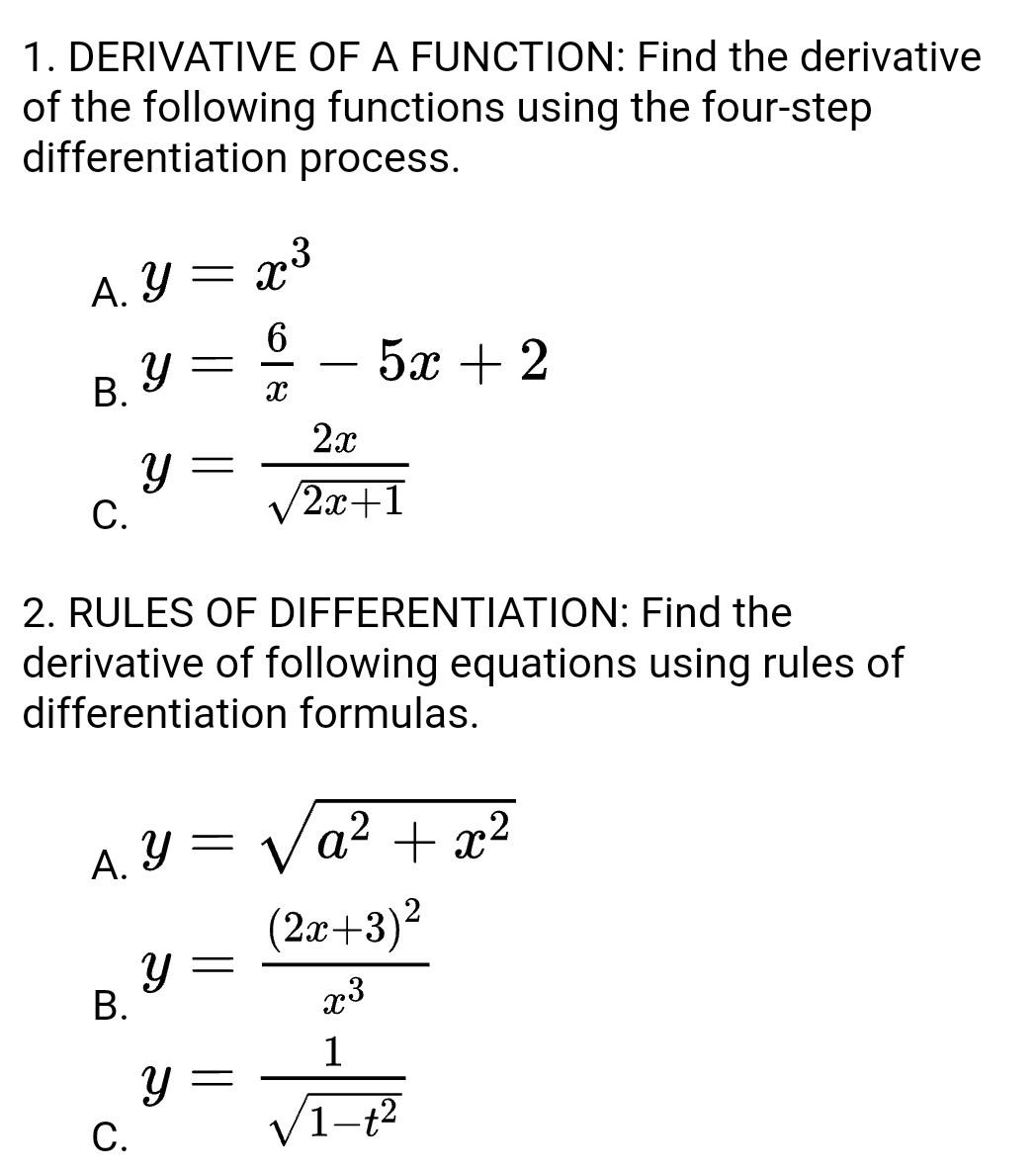 Solved 1. DERIVATIVE OF A FUNCTION: Find the derivative of | Chegg.com