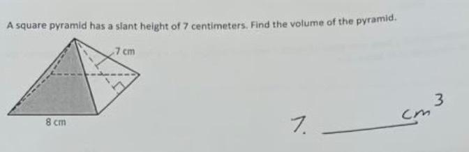 find the volume of a square pyramid with slant height