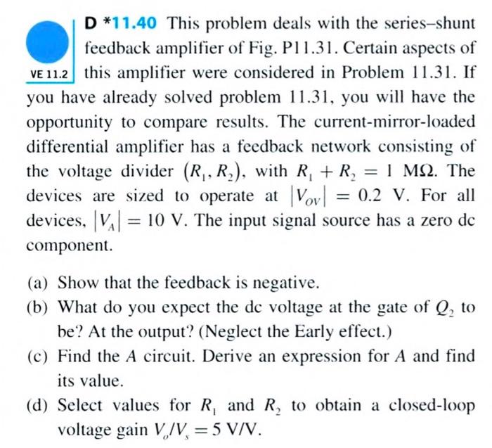 Solved D*11.40 This problem deals with the series-shunt | Chegg.com