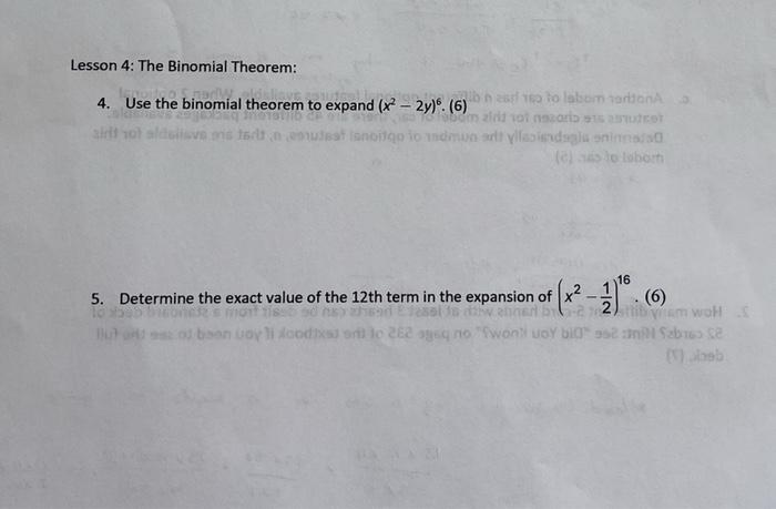 Solved Lesson 4: The Binomial Theorem: 4. Use The Binomial | Chegg.com