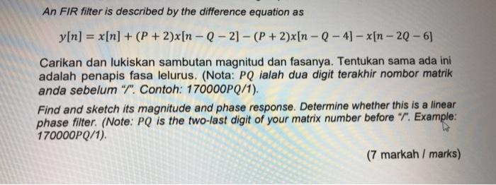 Solved An FIR filter is described by the difference equation | Chegg.com