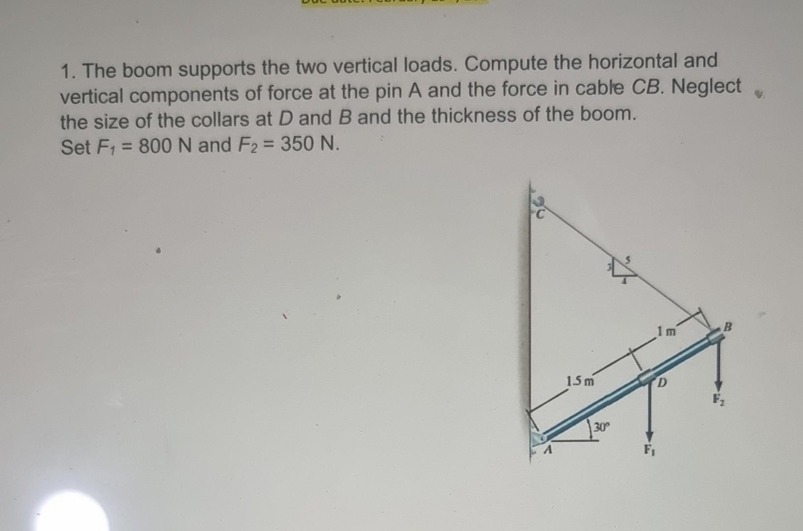 Solved 1. The boom supports the two vertical loads. Compute | Chegg.com