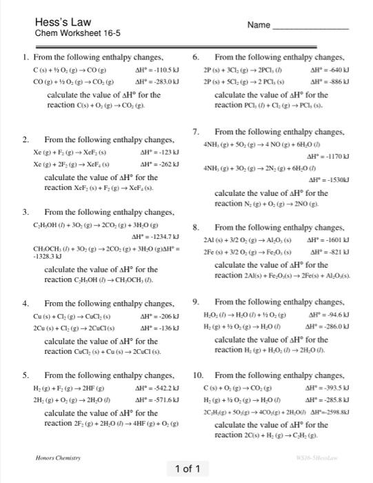 Hess S Law Chem Worksheet 16 5 Name 6 1 From The Chegg 