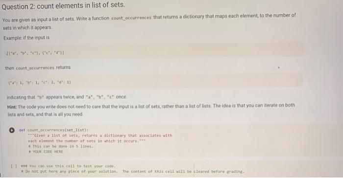 Solved Question 2 : count elements in list of sets. You are | Chegg.com