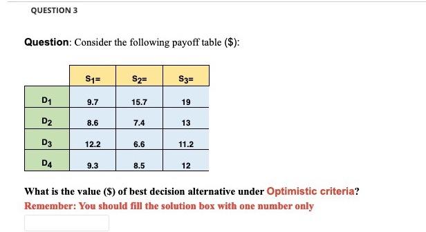 Solved QUESTION 3 Question: Consider the following payoff | Chegg.com