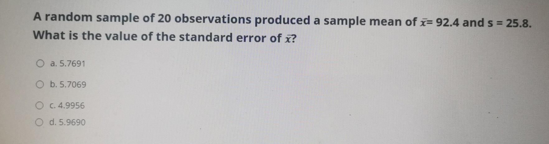 Solved A random sample of 20 observations produced a sample | Chegg.com