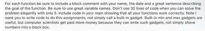 Solved For each function be sure to include a block comment | Chegg.com