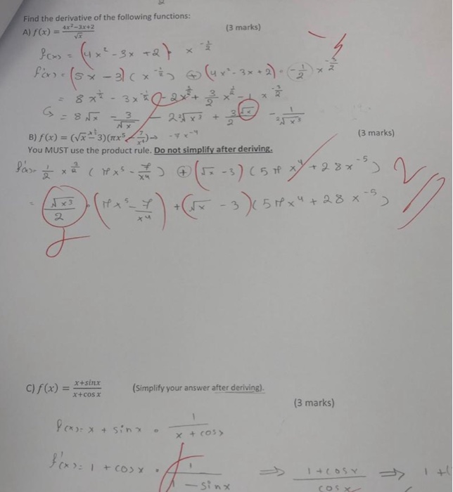 Solved Find the derivative of the following functions: A) | Chegg.com