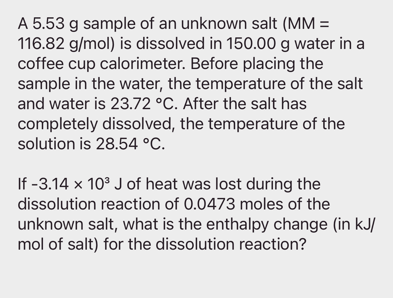 Solved A 5.53g ﻿sample of an unknown salt ( MM= 116.82gmol ) | Chegg.com