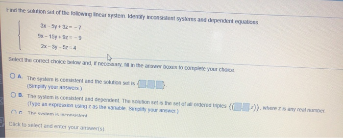 Solved Find the solution set of the following linear system. | Chegg.com