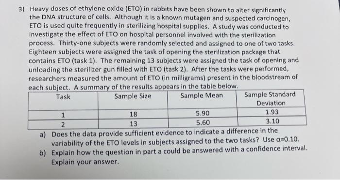 3) Heavy doses of ethylene oxide (ETO) in rabbits | Chegg.com