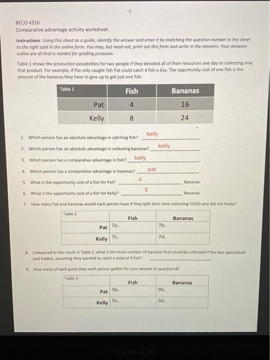 Solved BECO 4310 Comparative advantage activity worksheet Chegg com