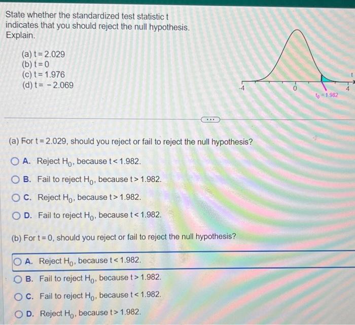 State whether the standardized test statistic \( t \)
indicates that you should reject the null hypothesis.
Explain.
(a) \( t