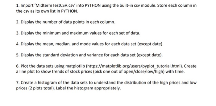 1. Import MidtermTestCSV.csv' into PYTHON using the | Chegg.com