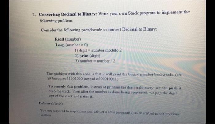 Solved 2. Converting Decimal to Binary: Write your own Stack | Chegg.com