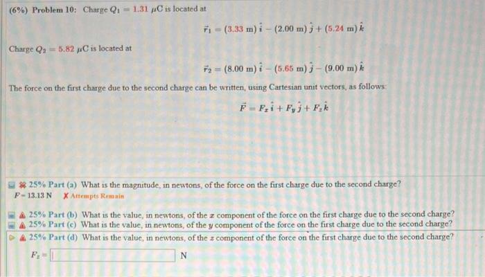 Solved (6\%) Problem 10: Charge Q1=1.31μC Is Located At | Chegg.com