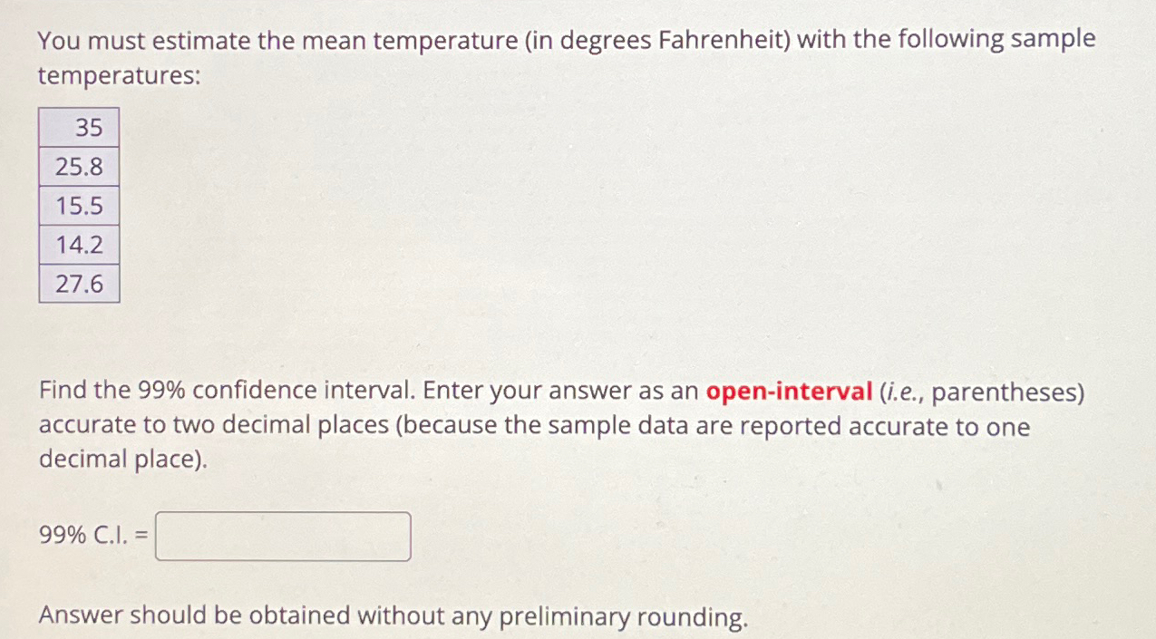 Solved You must estimate the mean temperature (in degrees | Chegg.com