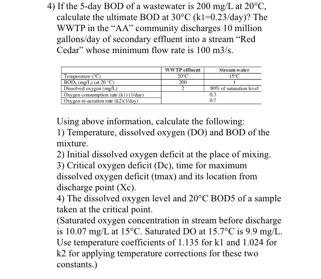 Solved 4) If The 5-day BOD Of A Wastewater Is 200 Mg/L At | Chegg.com