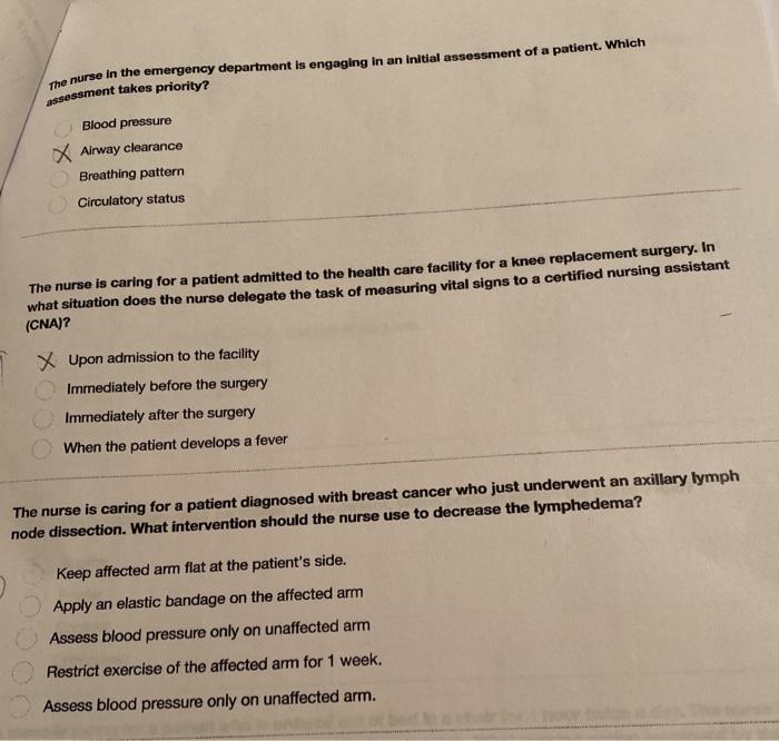 The nurse in the emergency department is engaging in an initial assessment of a patient. Which assessment takes priority? Blo