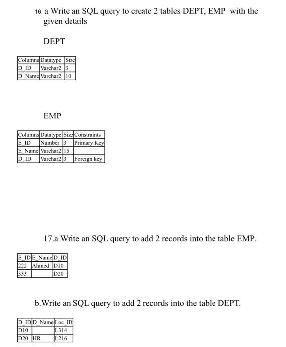 Solved 16. a Write an SQL query to create 2 tables DEPT, EMP | Chegg.com