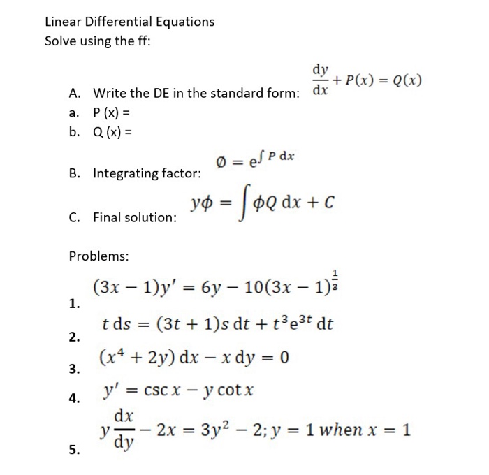 Solved Linear Differential Equations Solve Using The Ff Chegg Com