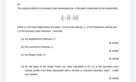 Solved 01 The velocity profile for a boundary layer | Chegg.com