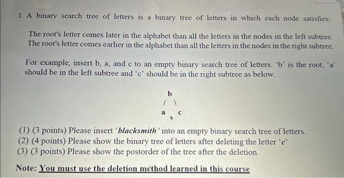 Solved 1. A binary search tree of letters is a binary tree | Chegg.com