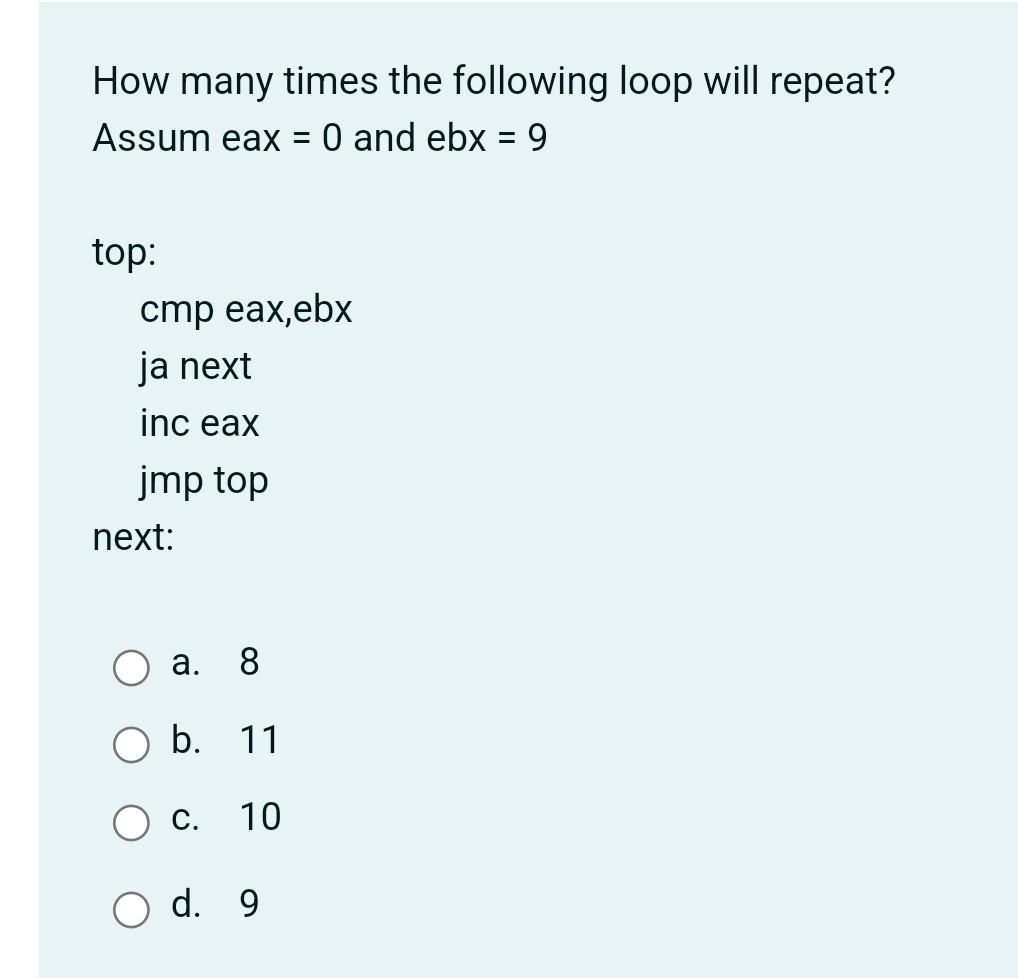 Solved How many times the following loop will repeat? Assum | Chegg.com