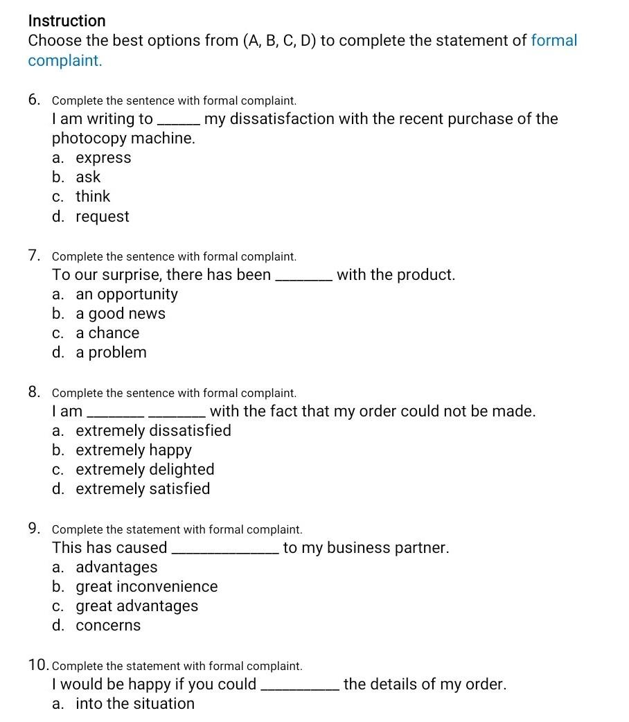 Solved Instruction Choose The Best Options From (A, B, C, D) | Chegg.com