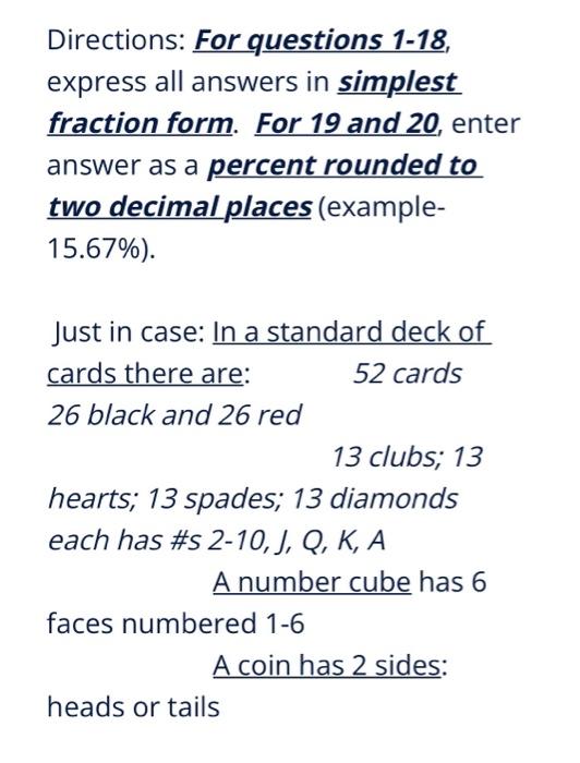 Solved Directions: For questions 1-18, express all answers | Chegg.com